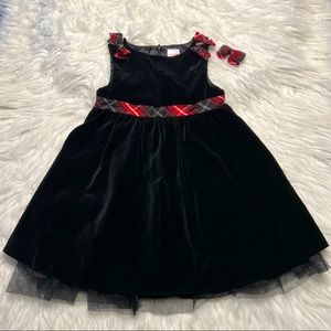 Gymboree Black velvet velour dress red plaid accents size 18-24 months & hairbow